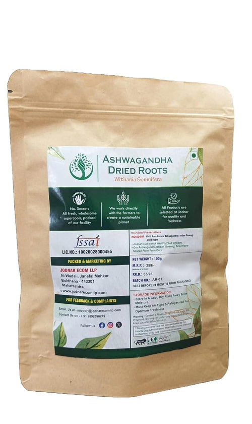 Ashwagandha Roots - 100g | Natural Stress Relief & Immunity Booster | Dried & Raw Indian Ginseng Roots | Form - Whole |