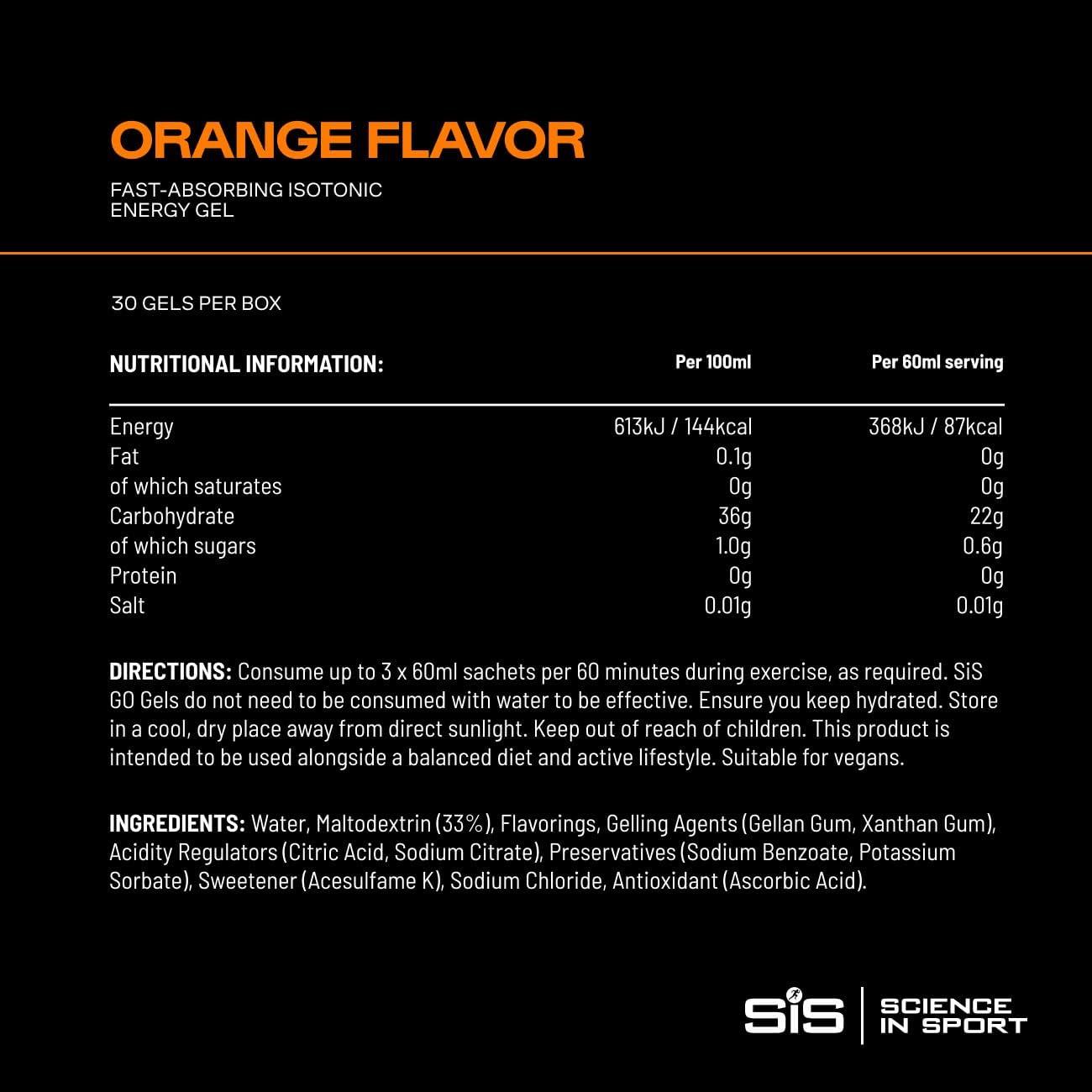 Science in Sport GO Isotonic Energy Gel - Fast-Acting Liquid Carbohydrate Gel for Instant Energy - Sports Nutrition - Gluten-Free & Vegan - Orange Flavor - 30 Count