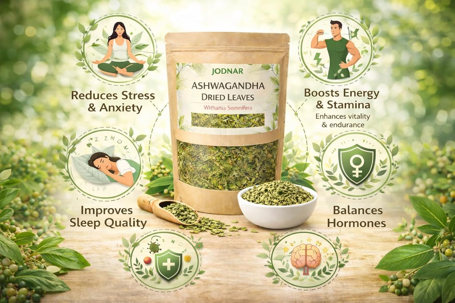 Jodnar Ashwagandha Dried Leaves, Withania Somnifera|Natural Stress Relief, Immunity & Energy Booster | Dried Ashwagandha Leaves|200g