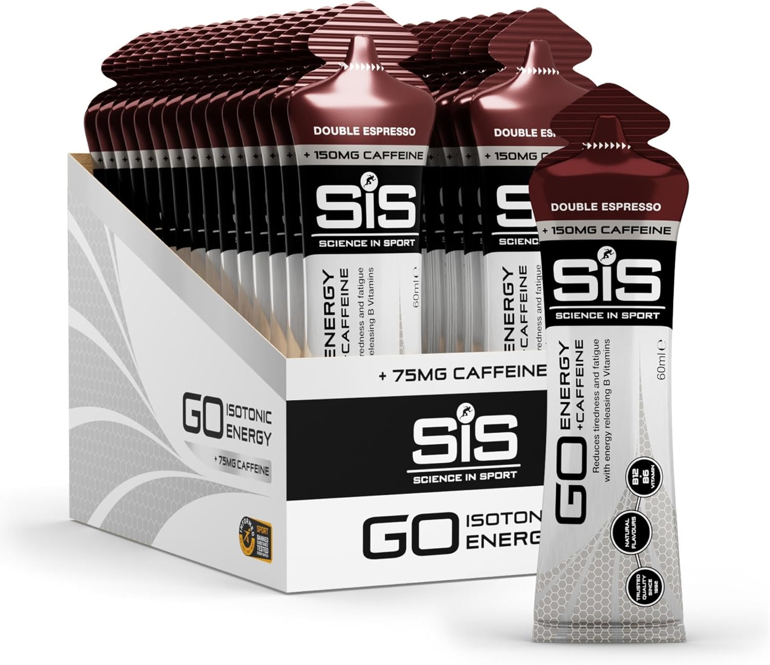 Science in Sport GO Energy + Caffeine Energy Gel for Elite Athletes - 22g Carbohydrates & 75mg Caffeine - Isotonic Formula - Sports Nutrition - Double Espresso Flavor - 30 Count