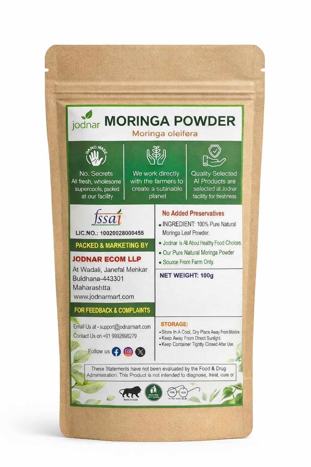 Jodnar Moringa Powder, Moringa Oleifera, 100% Pure Natural Leaf Powder, 100g