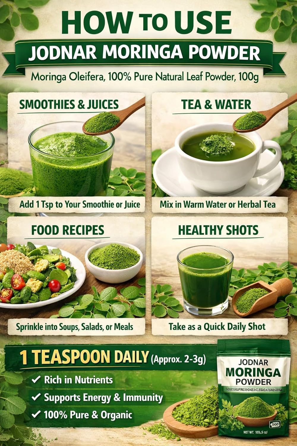 Jodnar Moringa Powder, Moringa Oleifera, 100% Pure Natural Leaf Powder, 100g