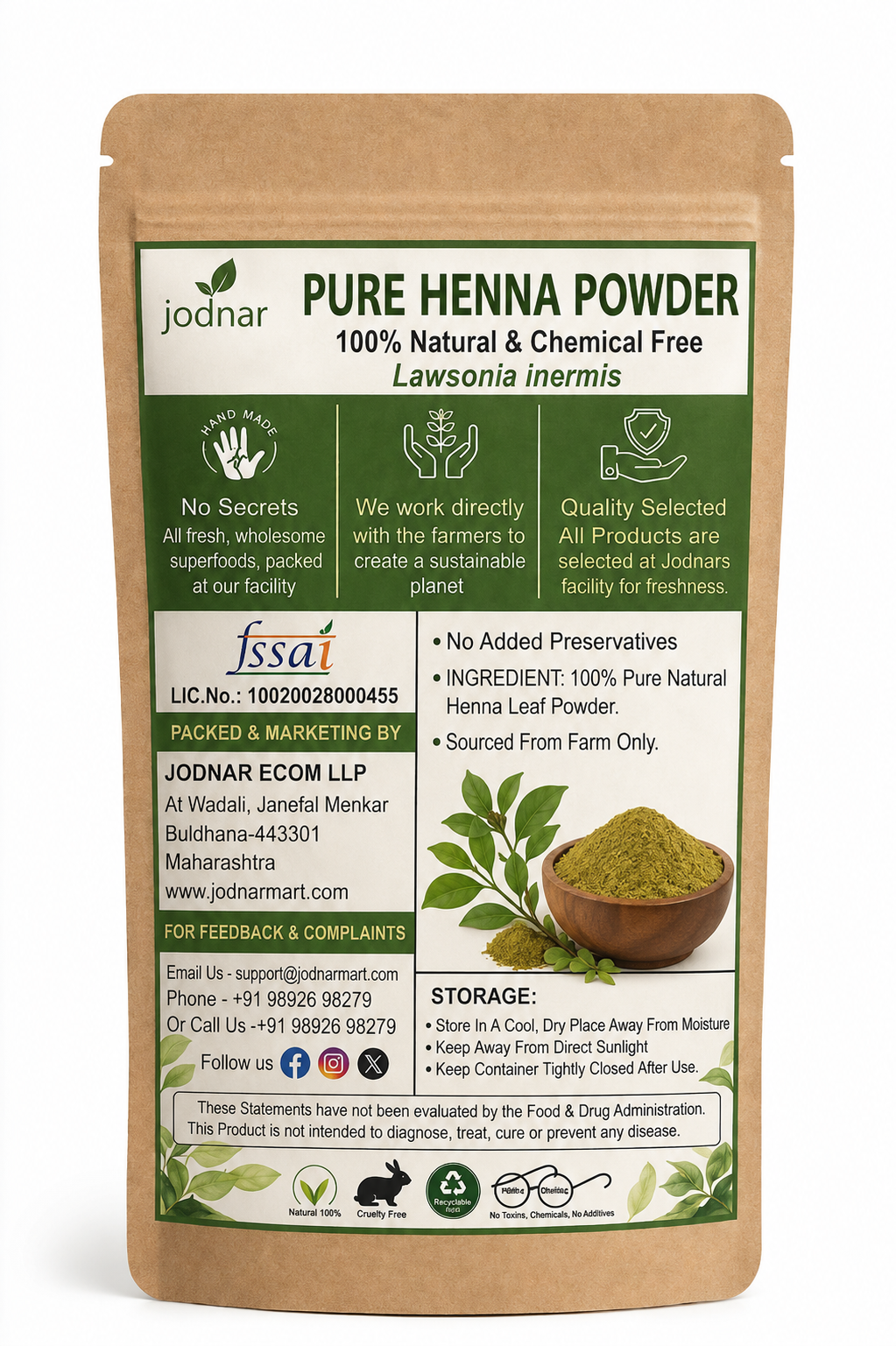 Jodnar Henna Powder, Lawsonia Inermis, Natural Hair Dye, 100 gms