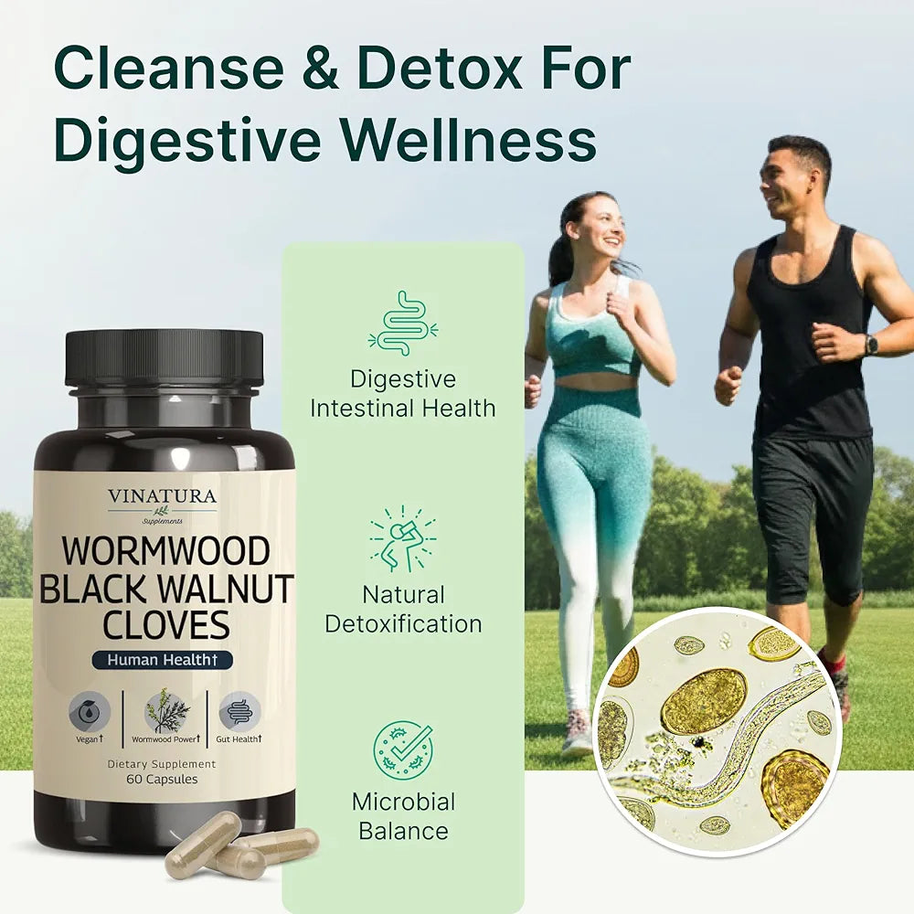 VINATURA Wormwood Black Walnut Clove Capsules - Cleanse, Detox, Intestinal Guard Formula Supplement for Humans, with Wormwood herb, Black Walnut Extract Combination, 60 Capsules
